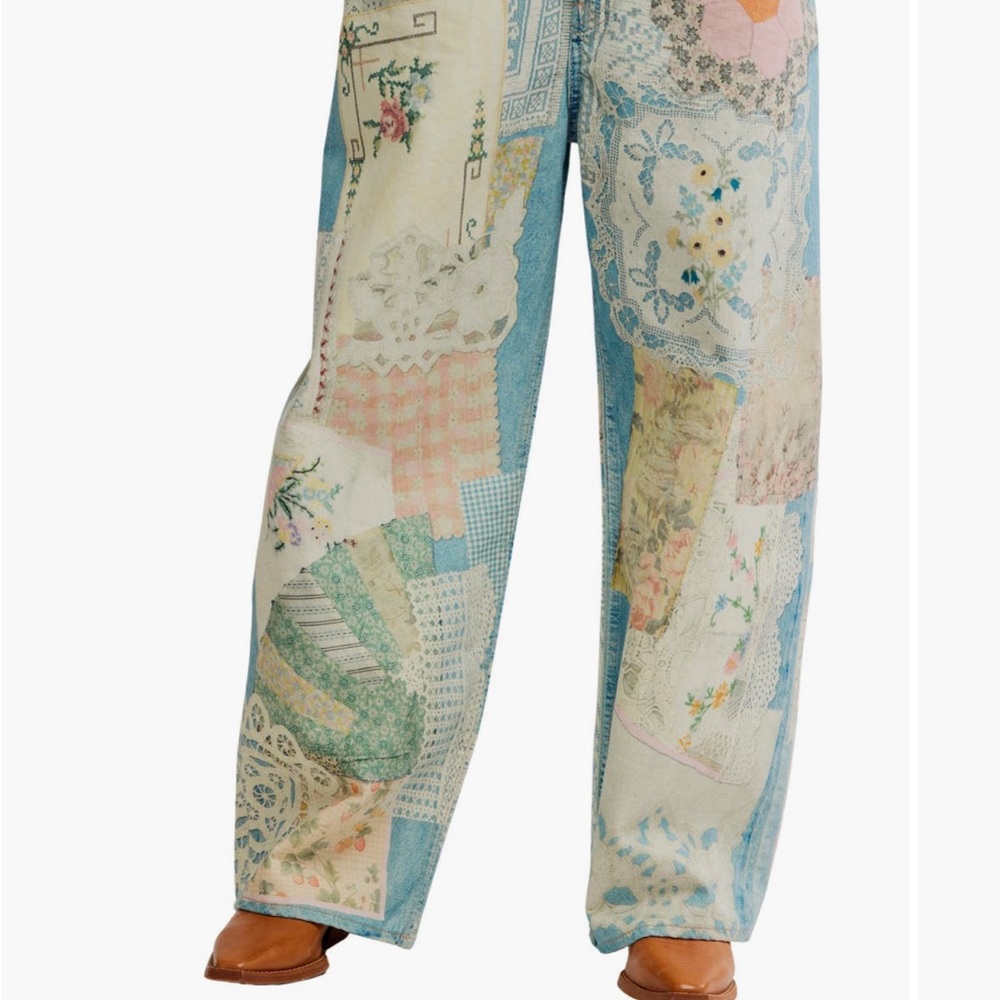 Free People Illusions Patchwork Barrel Jeans sz25